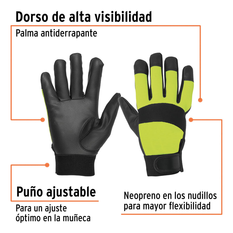 Guantes mecánico, alta visibilidad, palma poliuretano, verde Caja con 6, 13194
