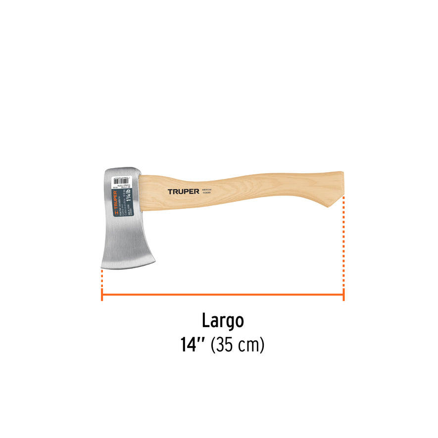 Hacha cazadora 1-1/4 lb, mango hickory 14', Truper Caja con 4, 14950