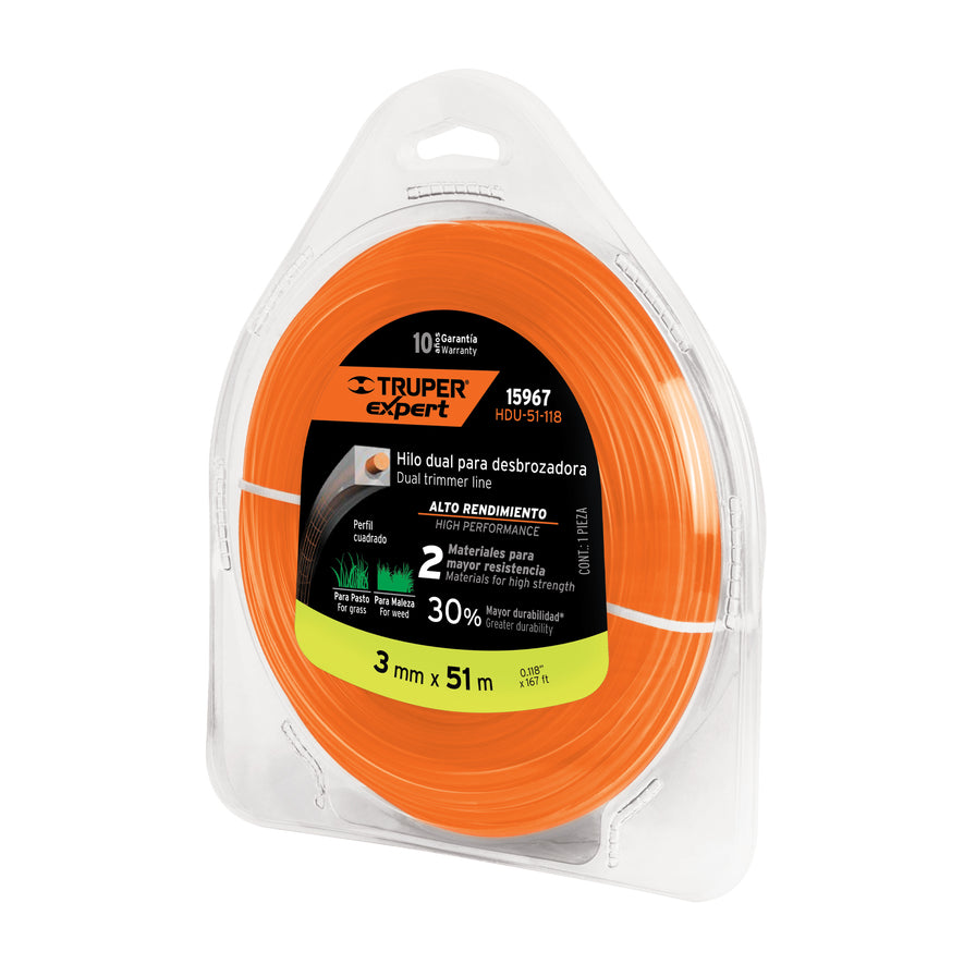 Hilo cuadrado dual p/desbrozadora, 3mm x 51m,blíster EXPERT Caja con 4, 15967
