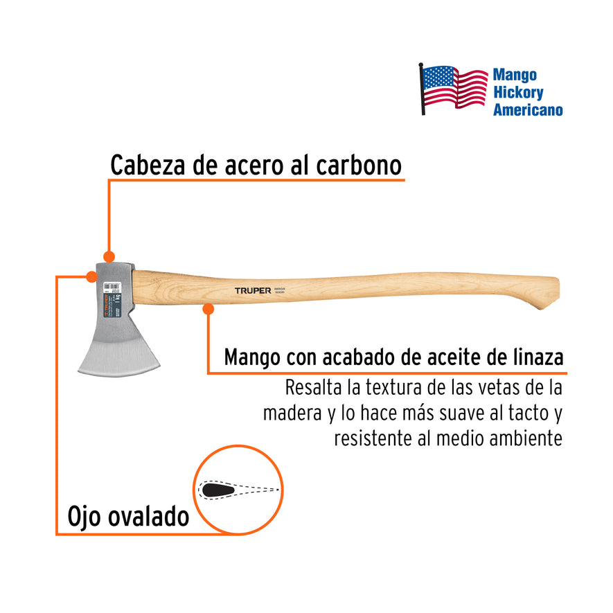 Hacha europea 1000 g, mango hickory 28', Truper Caja con 2, 101768