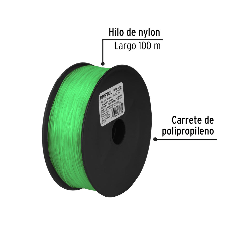 Carrete con 100 m de hilo para pesca verde calibre 1.00 mm Caja con 10, 22065