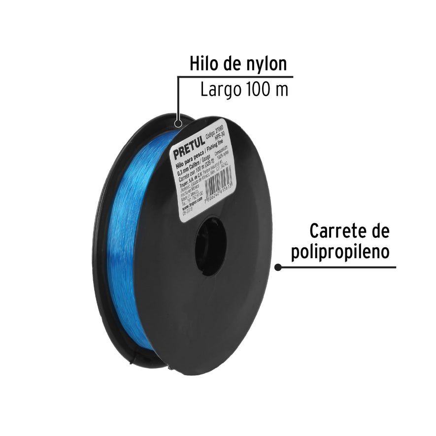 Carrete con 100 m de hilo para pesca azul calibre 0.30 mm Caja con 10, 27060