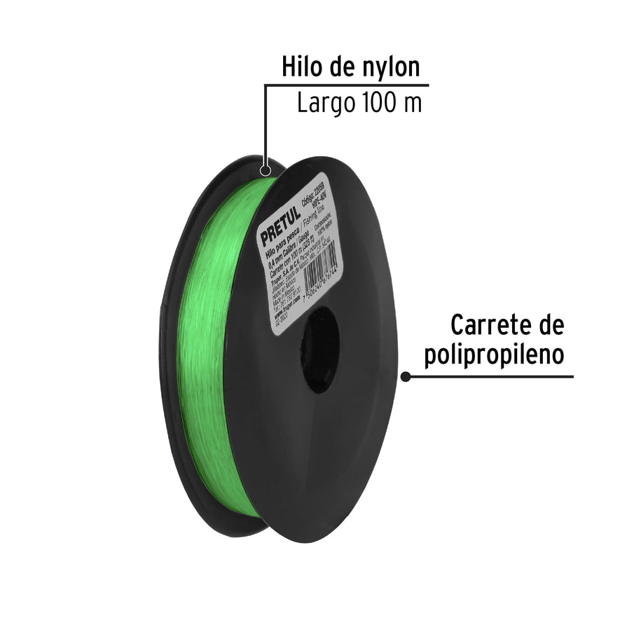 Carrete con 100 m de hilo para pesca verde calibre 0.40 mm Caja con 10, 22059