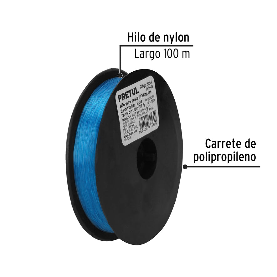 Carrete con 100 m de hilo para pesca azul calibre 0.40 mm Caja con 10, 27061