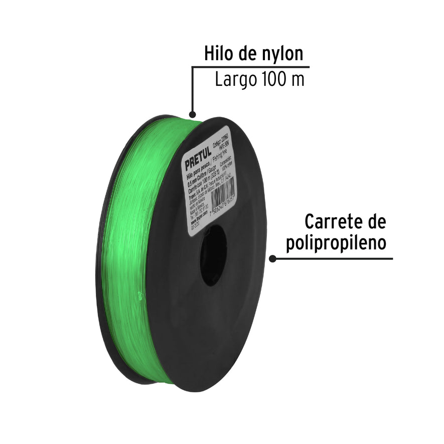 Carrete con 100 m de hilo para pesca verde calibre 0.50 mm Caja con 10, 22060