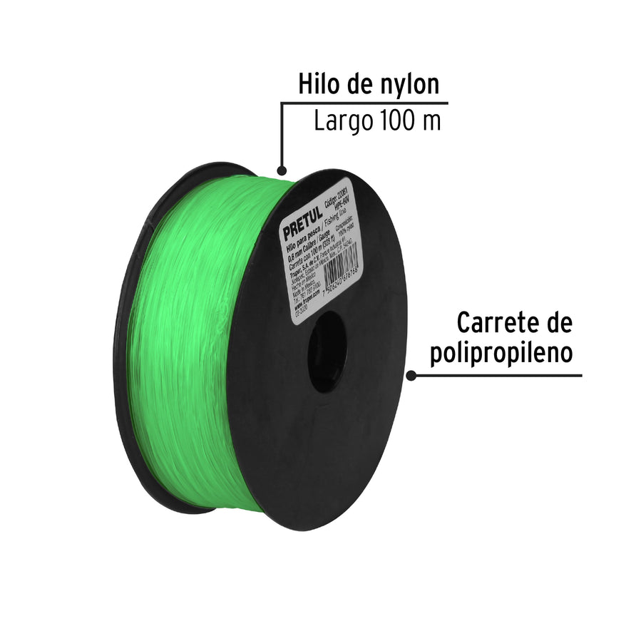 Carrete con 100 m de hilo para pesca verde calibre 0.60 mm Caja con 10, 22061