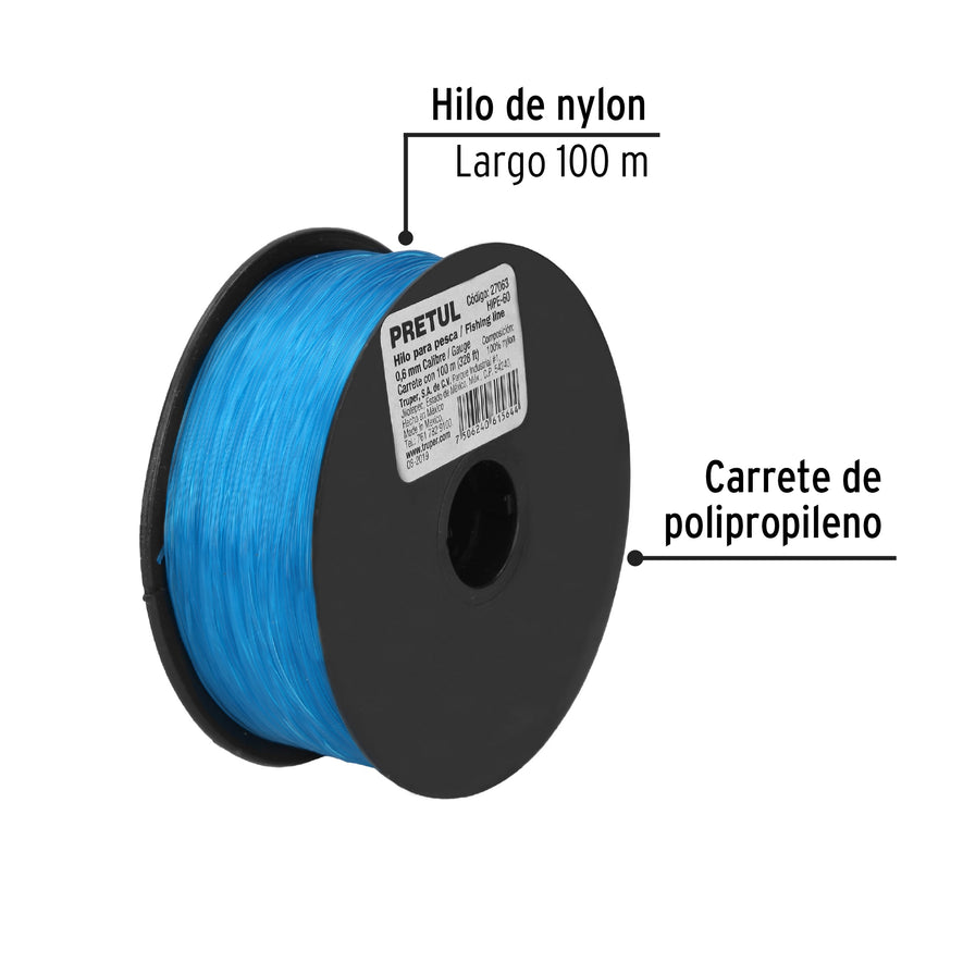 Carrete con 100 m de hilo para pesca azul calibre 0.60 mm Caja con 10, 27063
