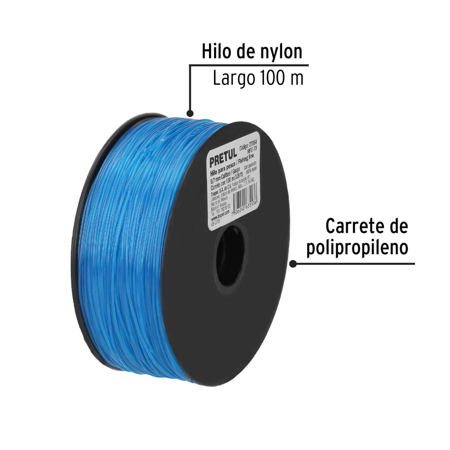 Carrete con 100 m de hilo para pesca azul calibre 0.70 mm Caja con 10, 27064