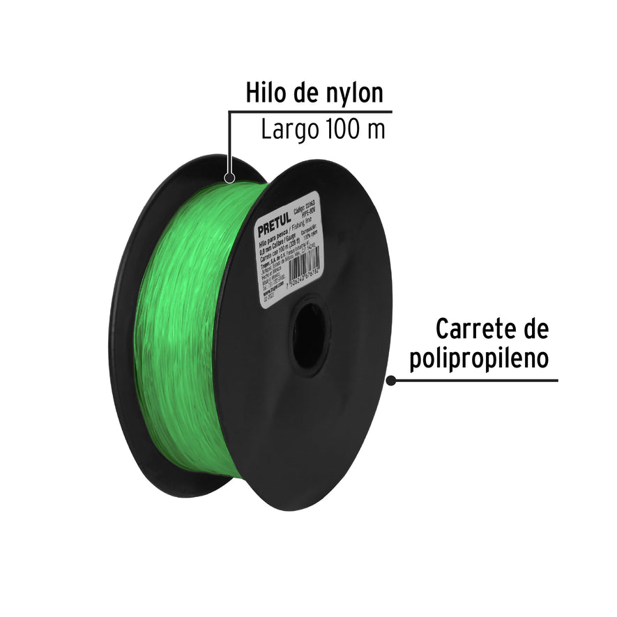 Carrete con 100 m de hilo para pesca verde calibre 0.80 mm Caja con 10, 22063