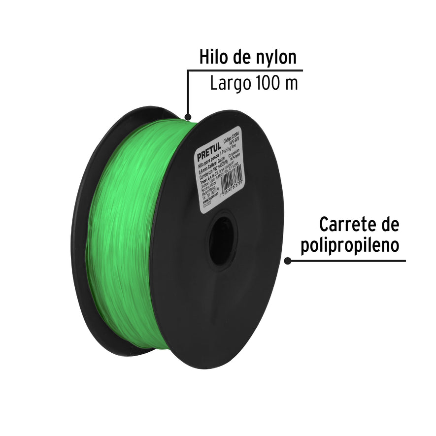 Carrete con 100 m de hilo para pesca verde calibre 0.90 mm Caja con 10, 22064
