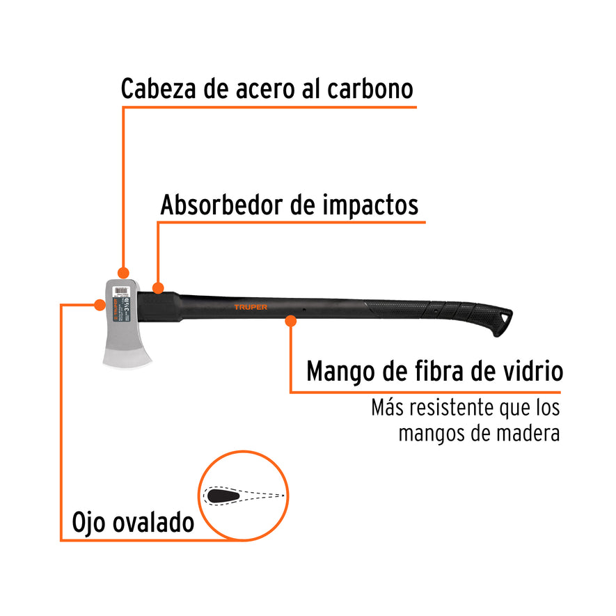 Hacha Michigan 3-1/2 lb, mango fibra de vidrio 34', Truper Caja con 2, 14962