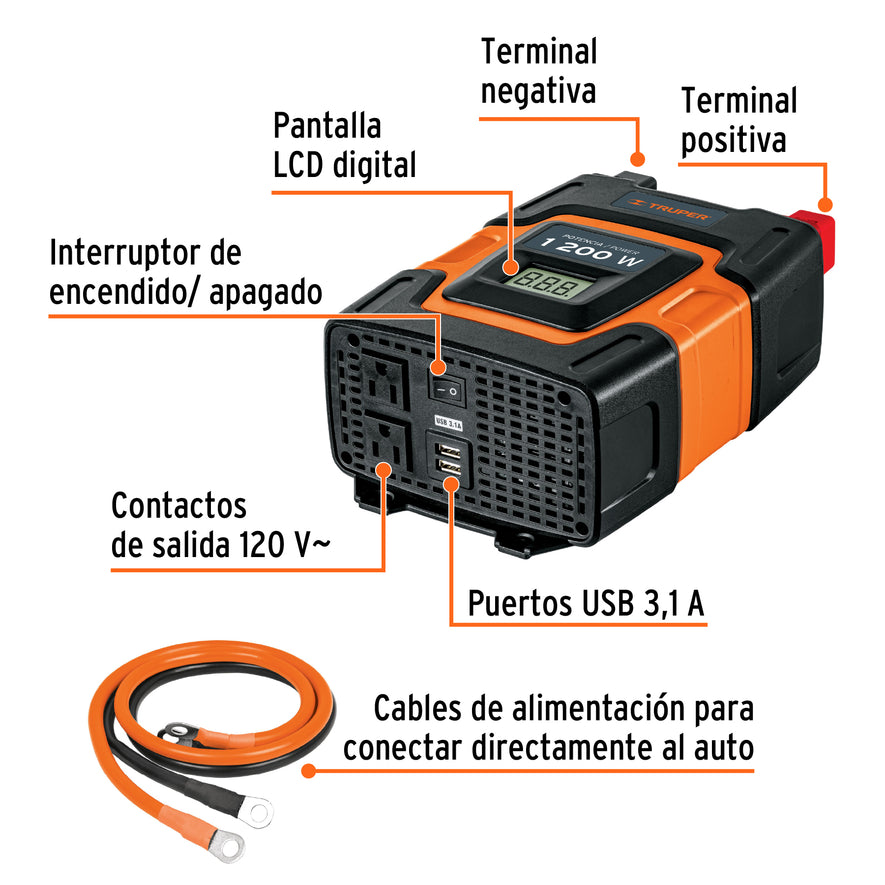 Inversor de corriente de 1200 W con puertos USB, Truper, 10491