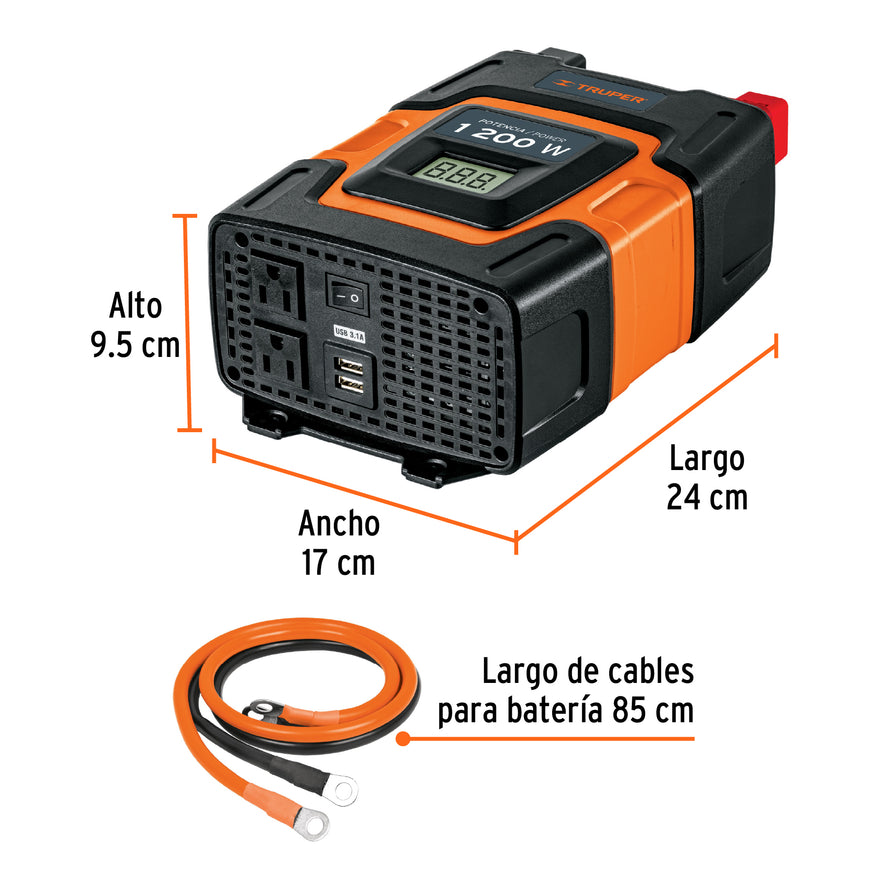 Inversor de corriente de 1200 W con puertos USB, Truper, 10491