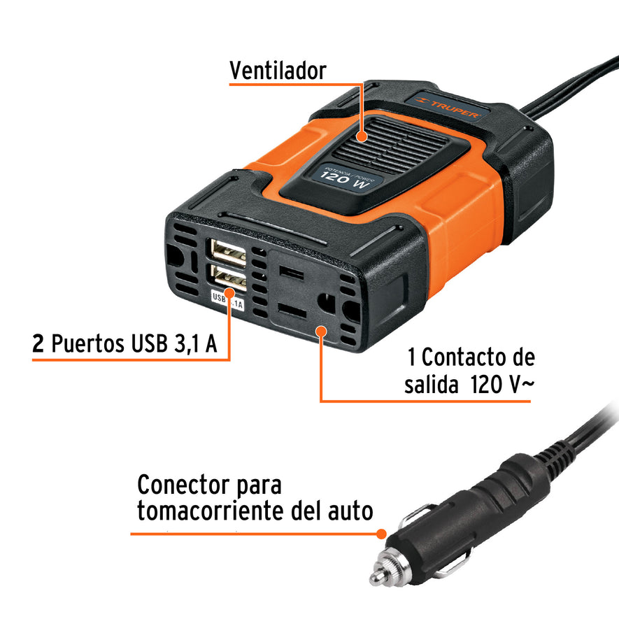 Inversor de corriente de 120 W con puertos USB, Truper, 10447