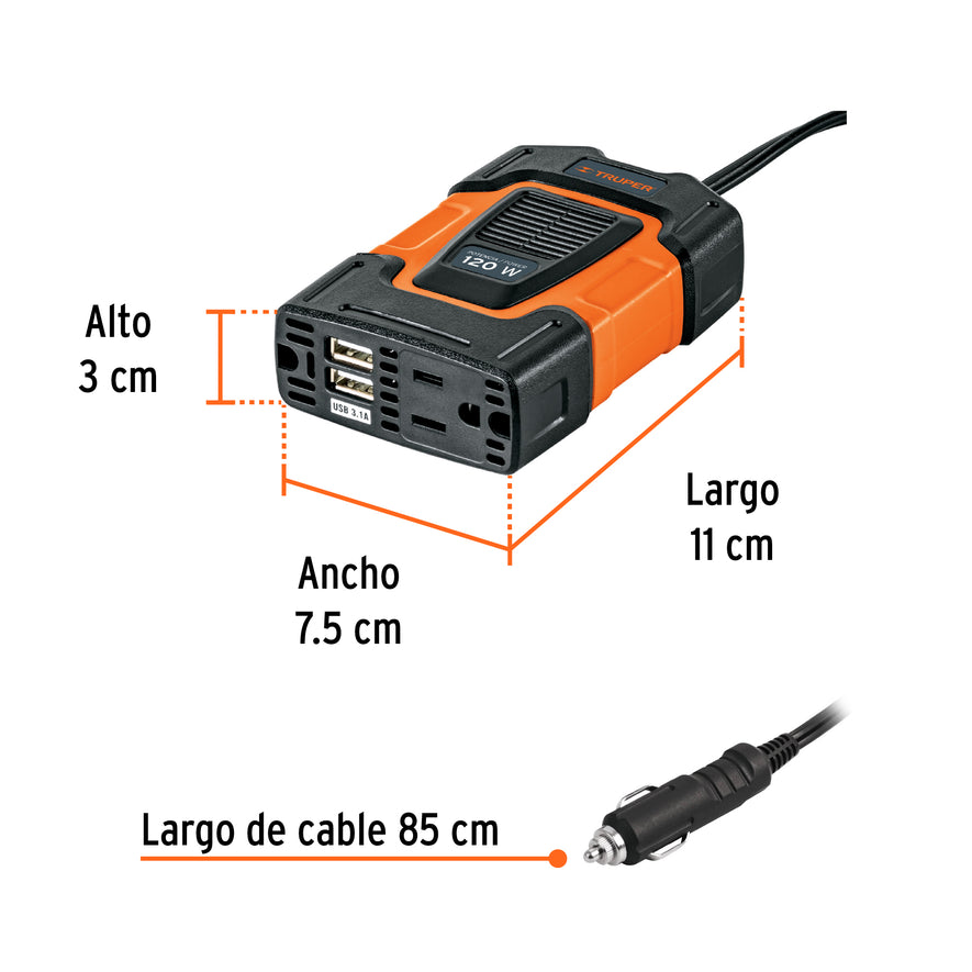 Inversor de corriente de 120 W con puertos USB, Truper, 10447