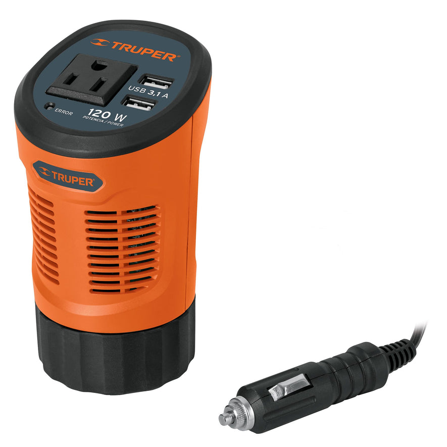 Inversor de corriente 120 W tipo vaso, 2 puertos USB, Truper, 15725