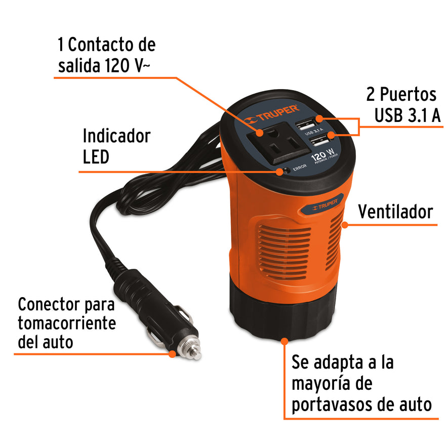 Inversor de corriente 120 W tipo vaso, 2 puertos USB, Truper, 15725