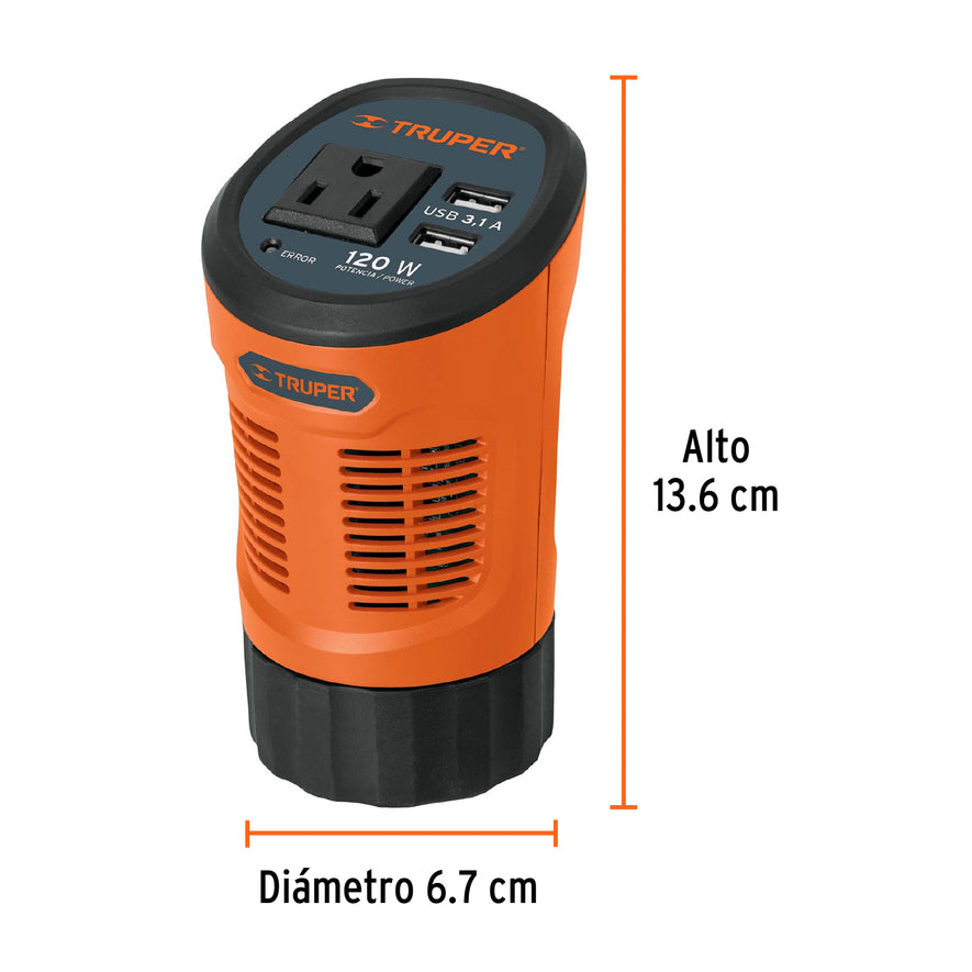 Inversor de corriente 120 W tipo vaso, 2 puertos USB, Truper, 15725