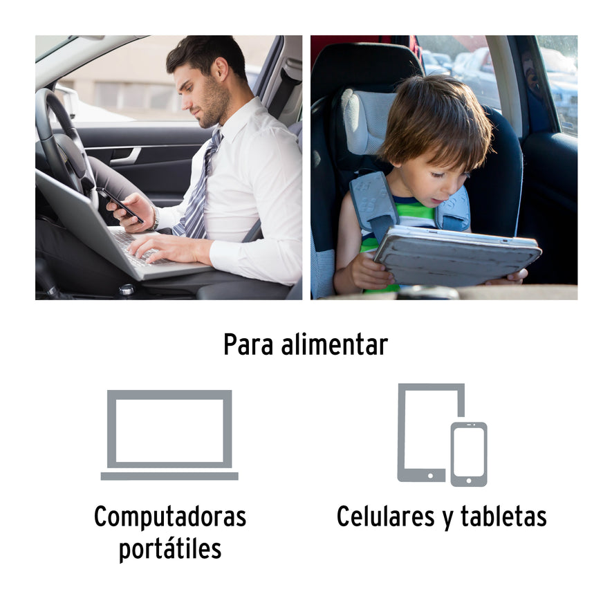 Inversor de corriente 120 W tipo vaso, 2 puertos USB, Truper, 15725