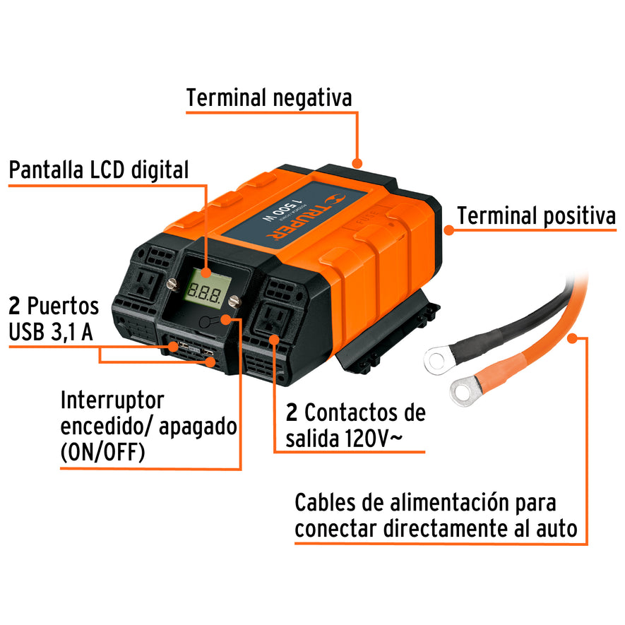 Inversor de corriente de 1500 W con puertos USB, Truper, 10492