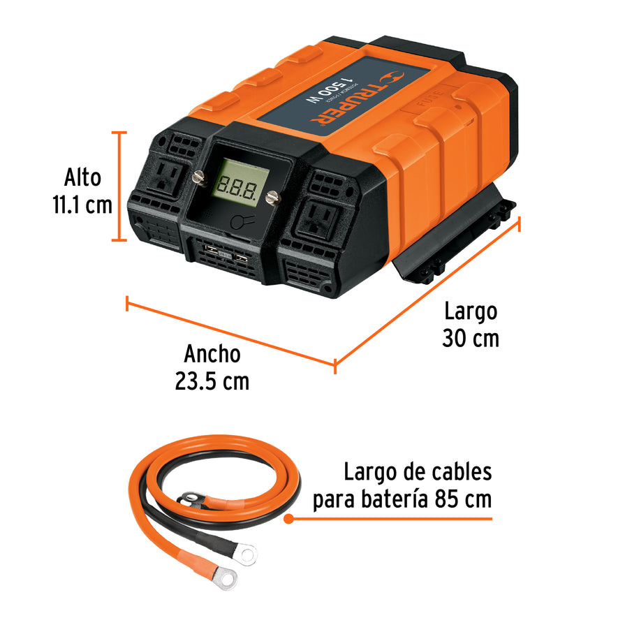 Inversor de corriente de 1500 W con puertos USB, Truper, 10492