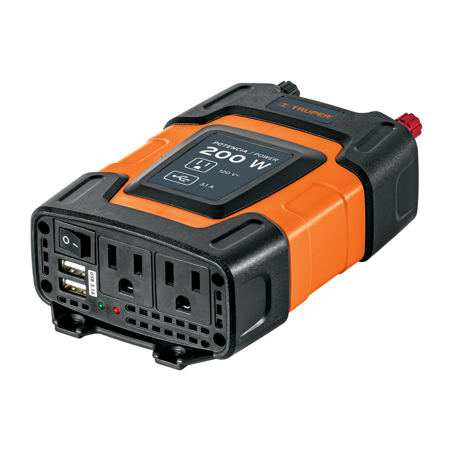 Inversor de corriente de 200 W con puertos USB, Truper, 10448
