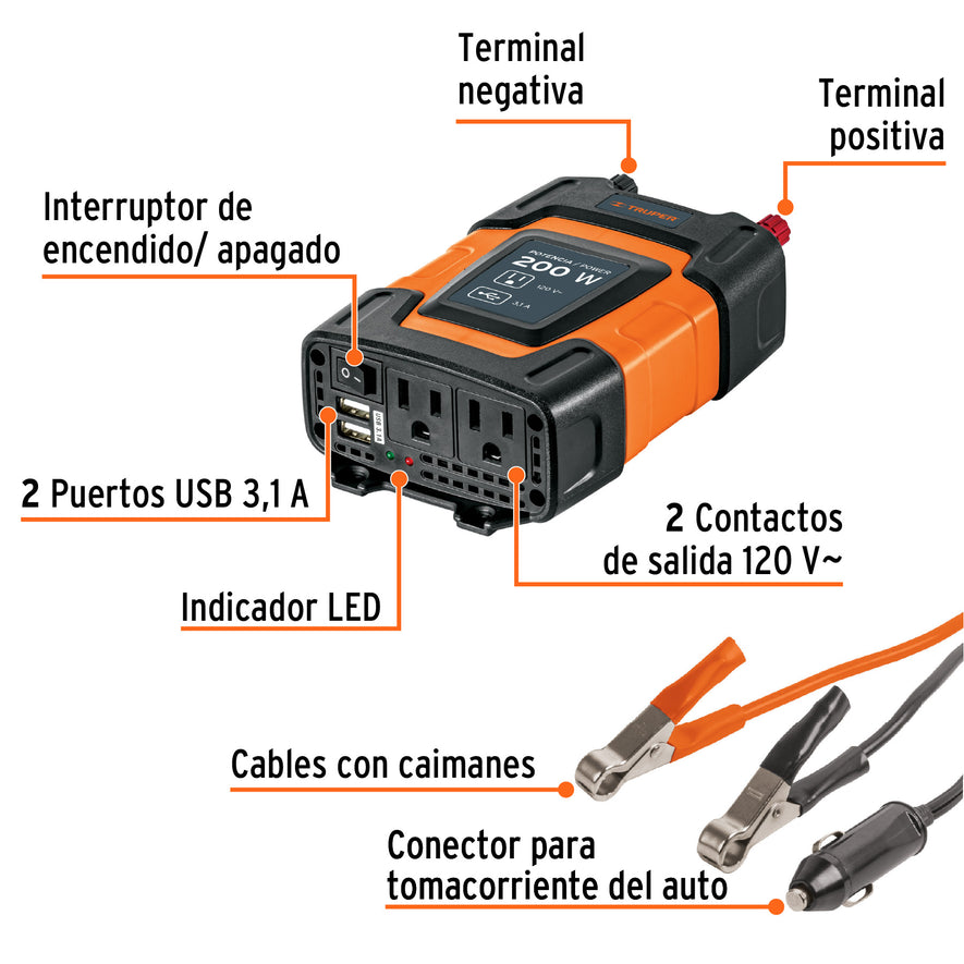 Inversor de corriente de 200 W con puertos USB, Truper, 10448