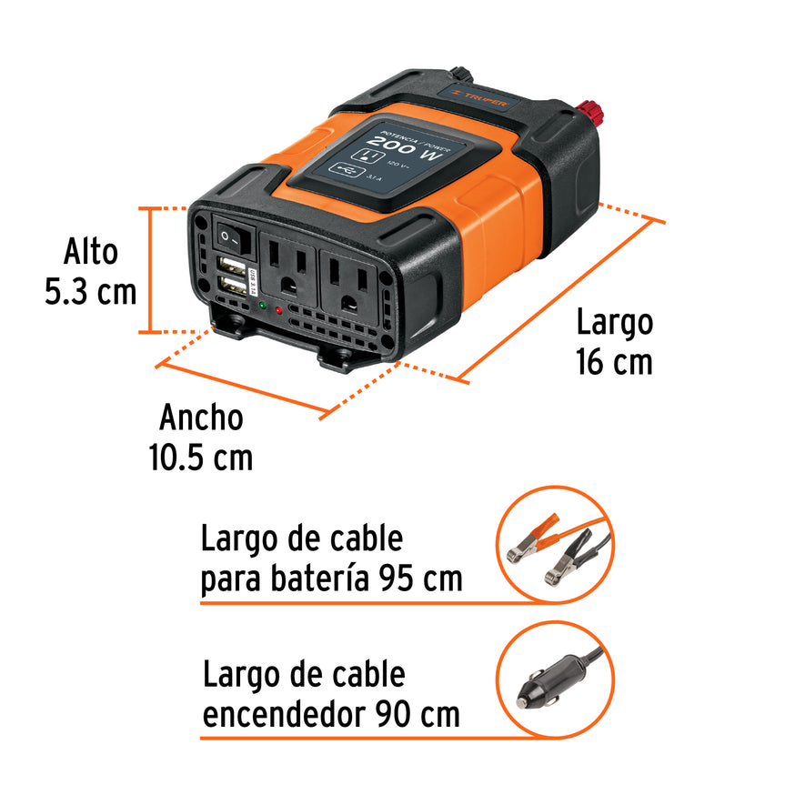 Inversor de corriente de 200 W con puertos USB, Truper, 10448