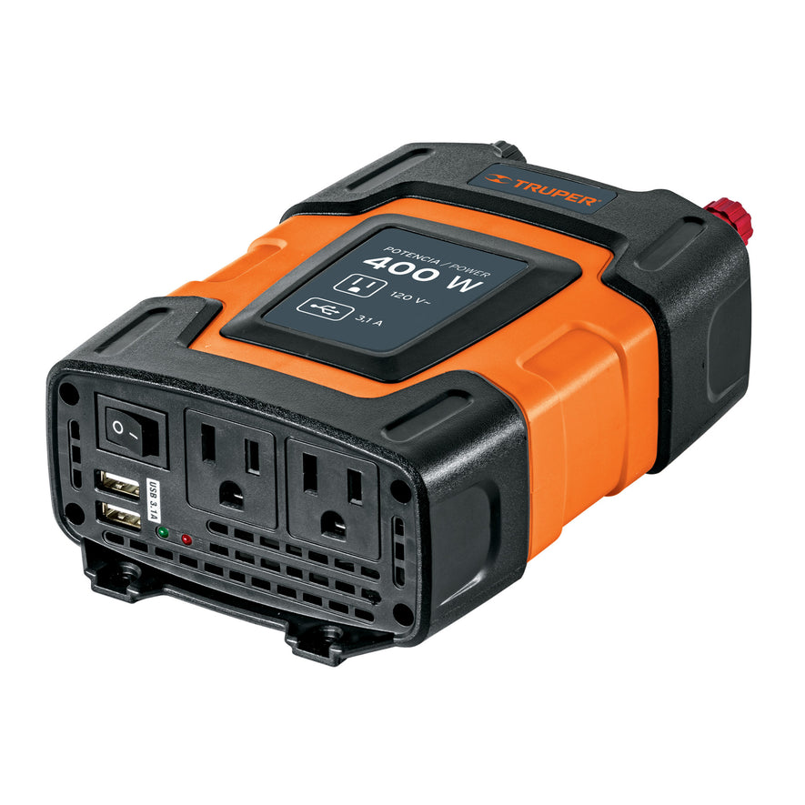 Inversor de corriente de 400 W con puertos USB, Truper, 10449