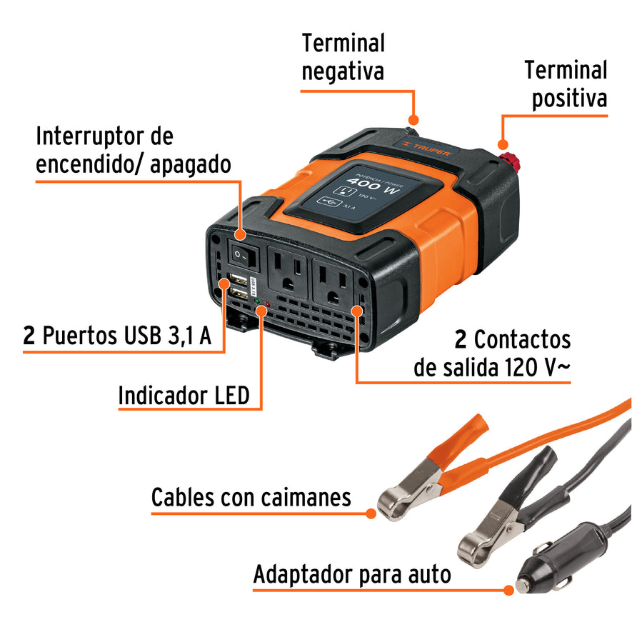 Inversor de corriente de 400 W con puertos USB, Truper, 10449
