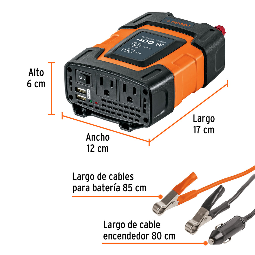 Inversor de corriente de 400 W con puertos USB, Truper, 10449