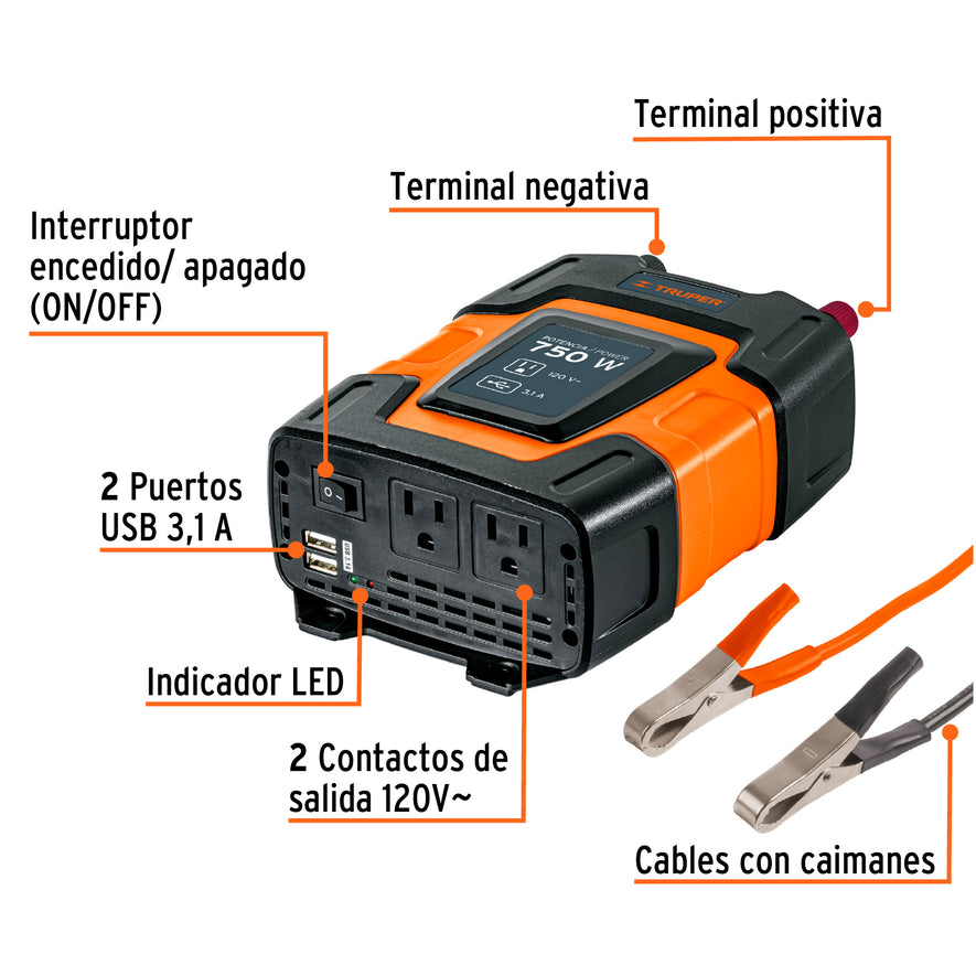 Inversor de corriente de 750 W con puertos USB, Truper, 10490
