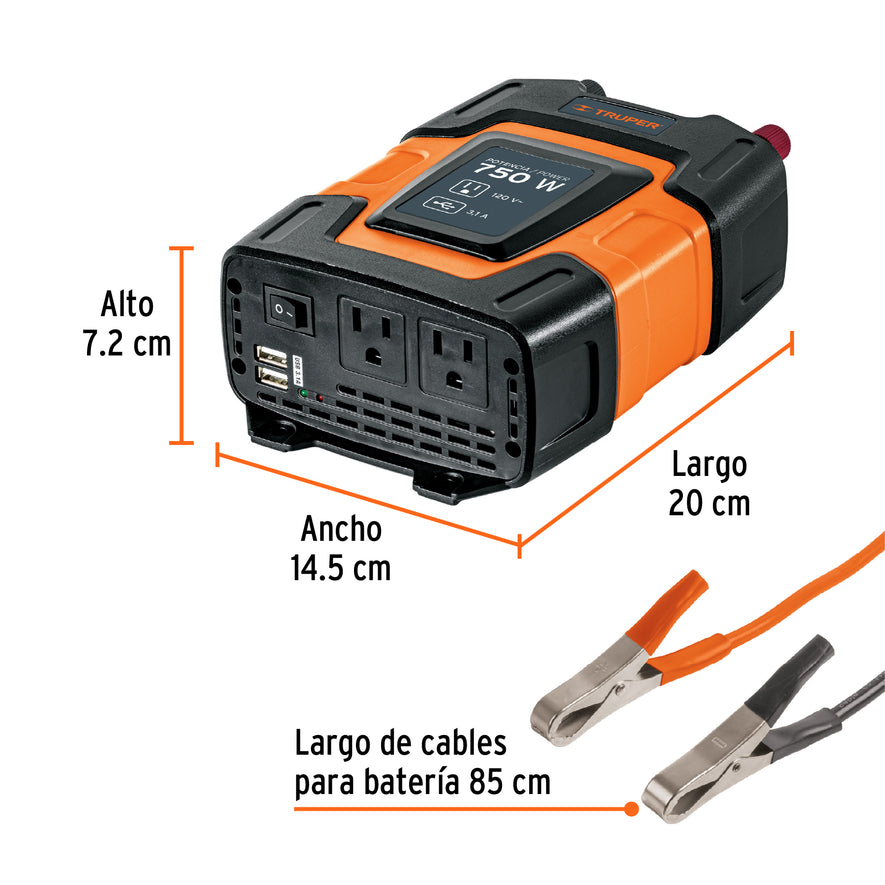 Inversor de corriente de 750 W con puertos USB, Truper, 10490