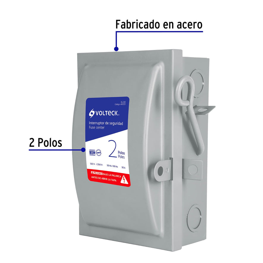 Interruptor de seguridad 2 polos, 30 A, Volteck Caja con 4, 46020