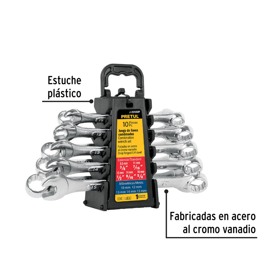Juego de 10 llaves combinadas std y mm, PRETUL Caja con 3, 21996