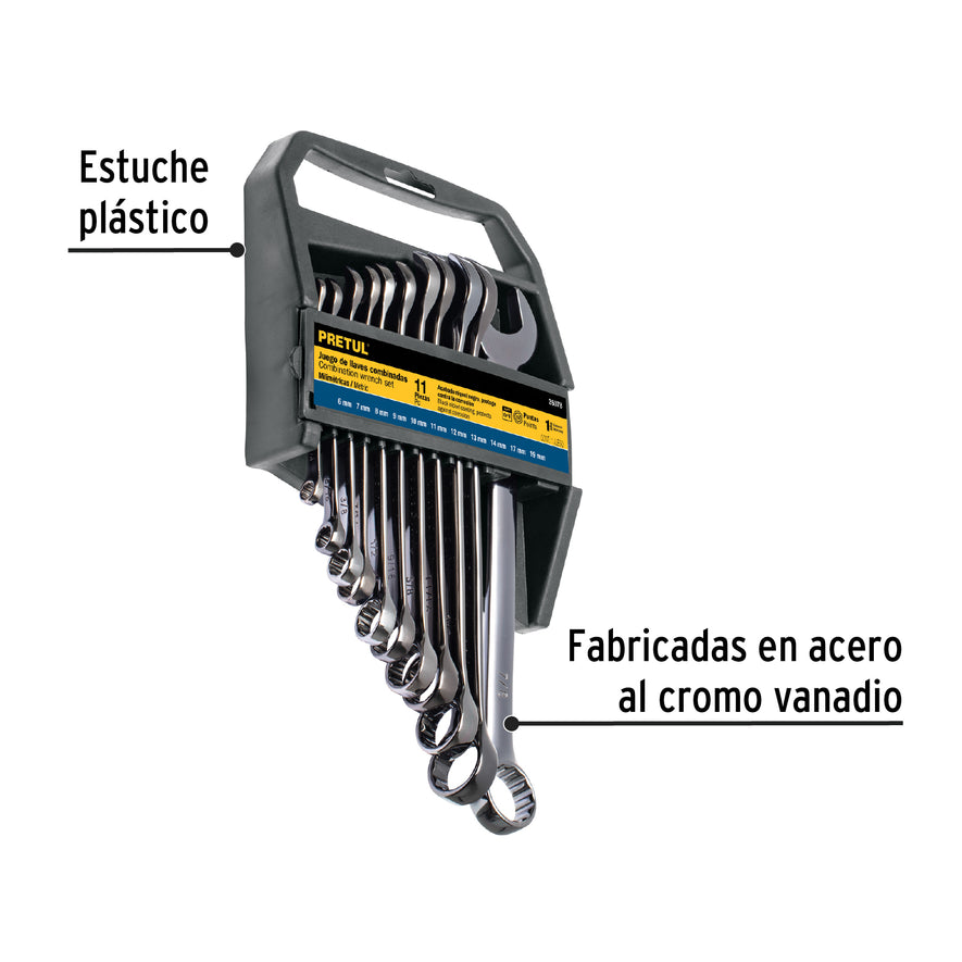 Juego de 11 llaves combinadas mm, acabado gun metal, Pretul Caja con 2, 26078