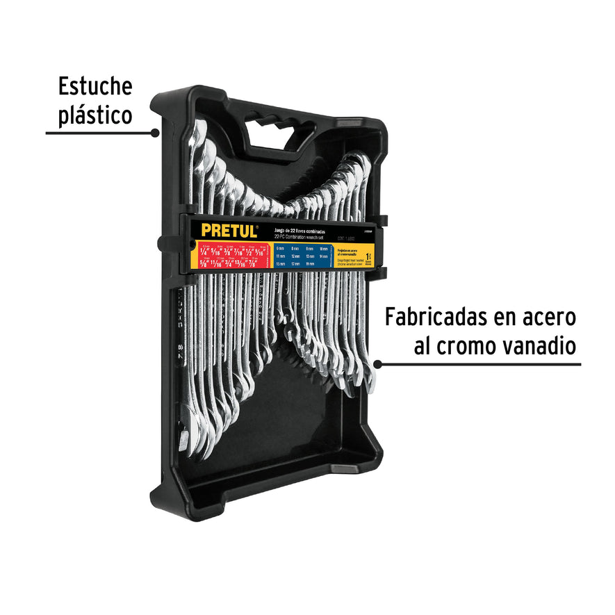 Juego de 22 llaves combinadas std y mm, PRETUL, 22018