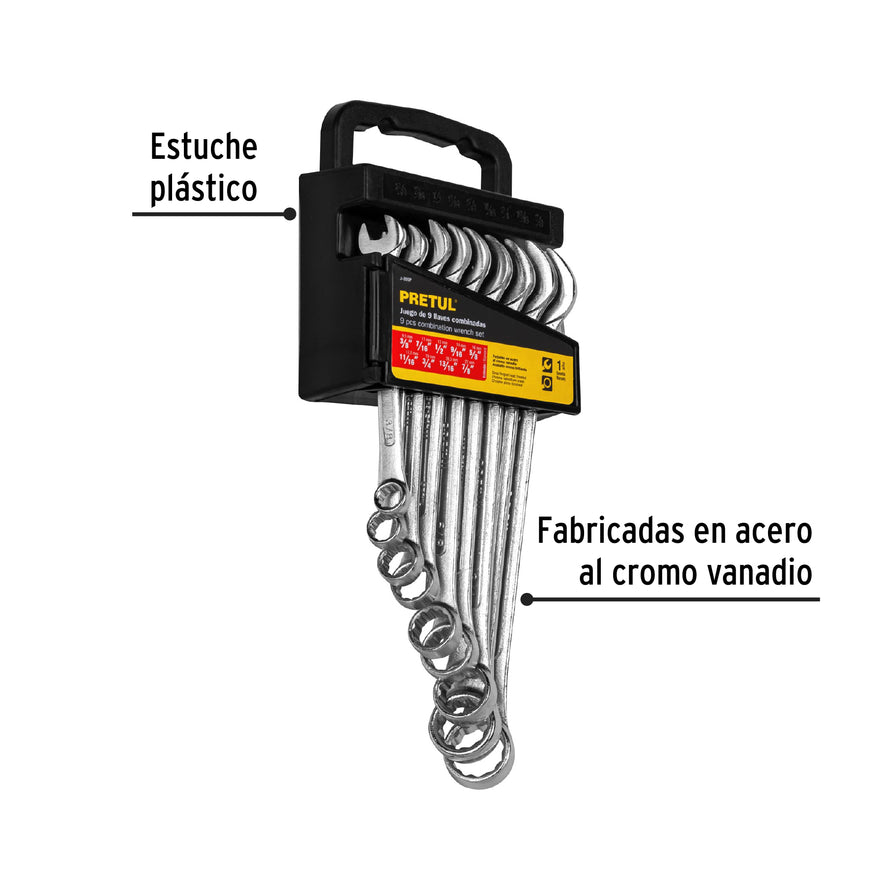Juego de 9 llaves combinadas std, PRETUL Caja con 3, 21994
