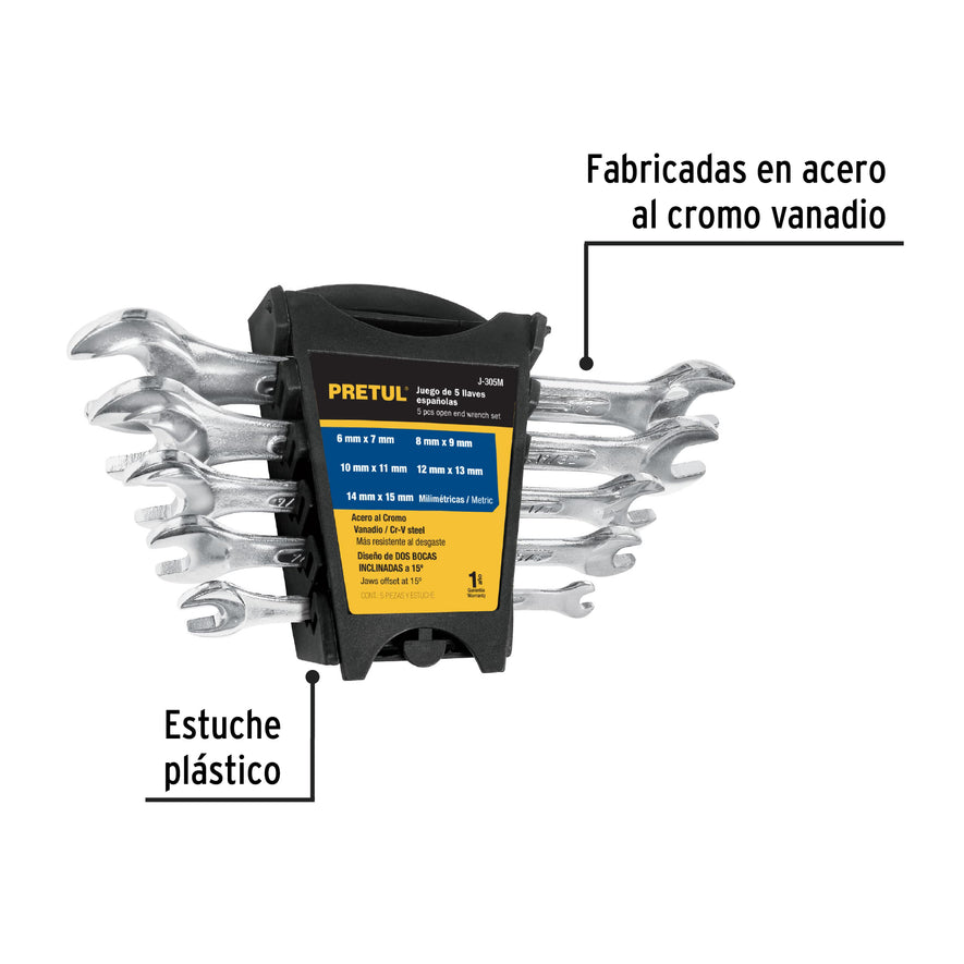 Juego de 5 llaves españolas mm, PRETUL Caja con 3, 22001