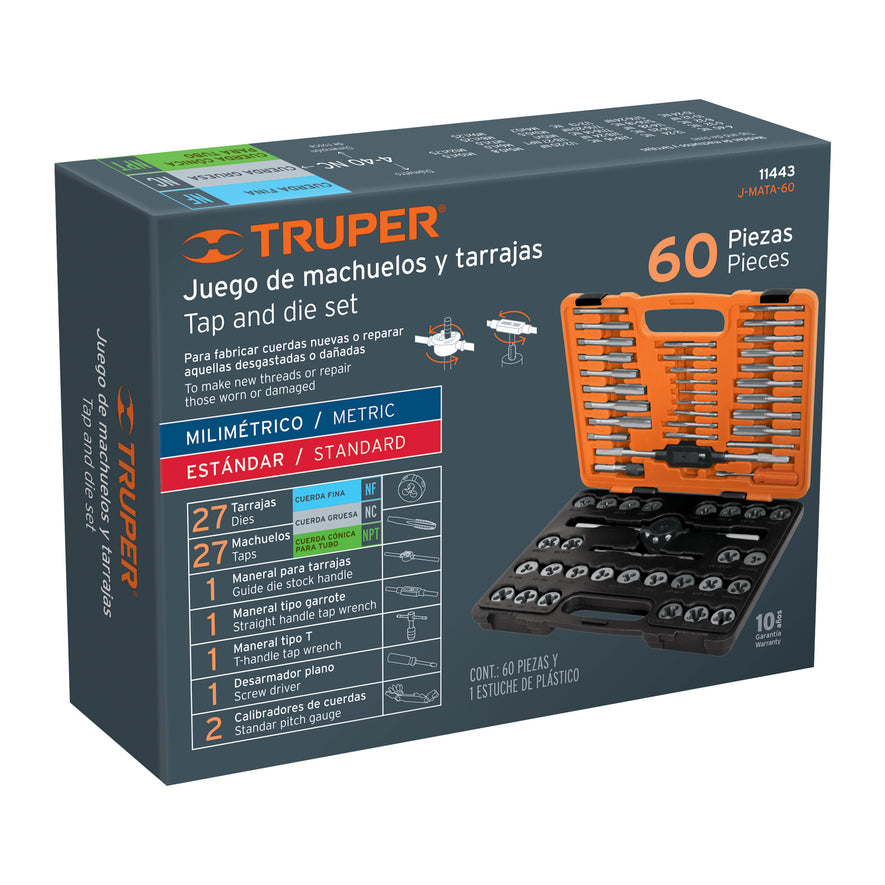 Juego de 60 piezas de machuelos y tarrajas, Truper, 11443
