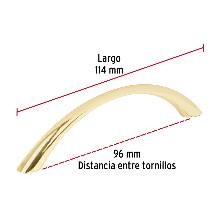 Jaladera metálica de 96mm estilo 'Arco', latón brillante Caja con 12, 43826