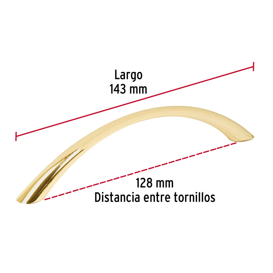 Jaladera metálica de 128mm estilo 'Arco', latón brillante Caja con 12, 43825
