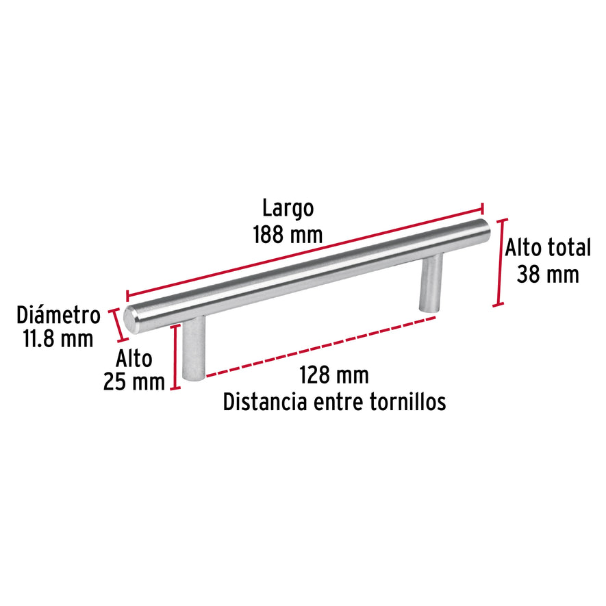 Jaladera de acero, 128 mm estilo 'Cilindro', níquel satinado Caja con 12, 43827