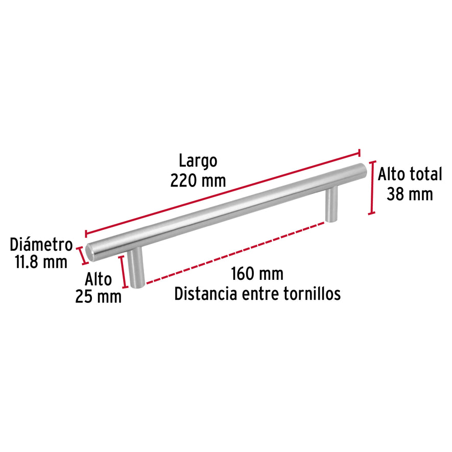 Jaladera de acero 160 mm, estilo 'Cilindro', níquel satinado Caja con 12, 43870
