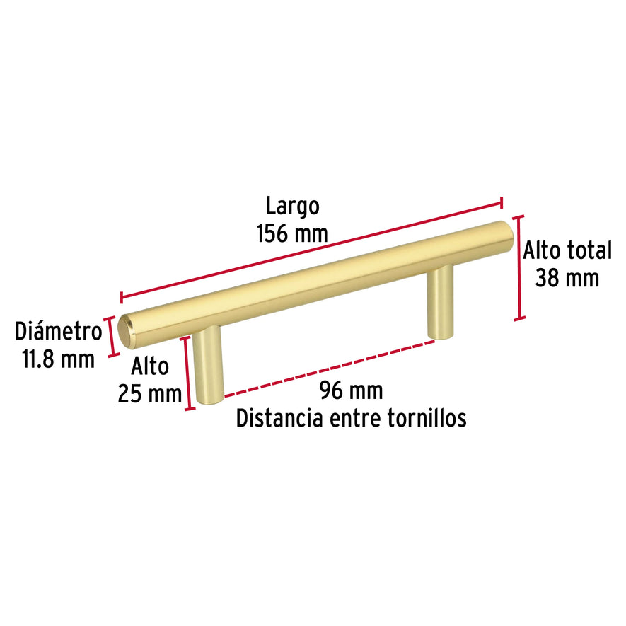 Jaladera de acero, 96 mm estilo 'Cilindro', latón brillante Caja con 12, 43830