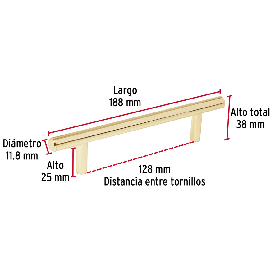 Jaladera de acero, 128 mm estilo 'Cilindro', latón brillante Caja con 12, 43829
