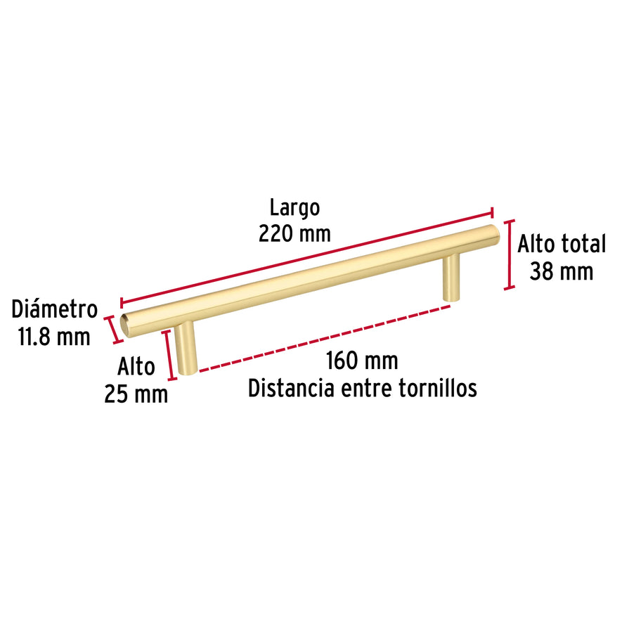 Jaladera de acero 160 mm, estilo 'Cilindro', latón brillante Caja con 12, 43872
