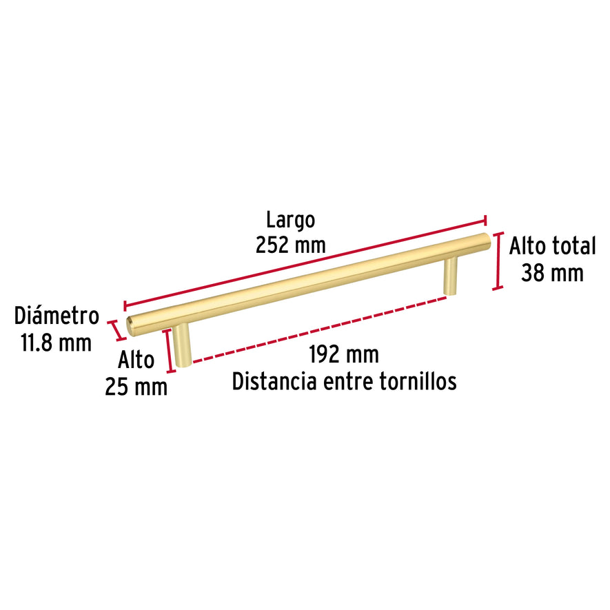 Jaladera de acero 192 mm, estilo 'Cilindro', latón brillante Caja con 12, 43873