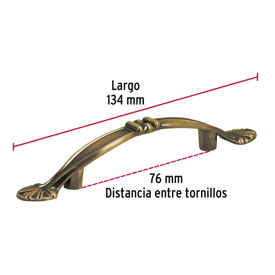 Jaladera metálica de 76 mm estilo 'Barroco', latón antiguo Caja con 12, 43835