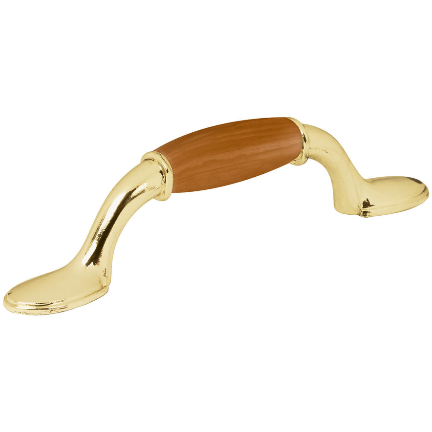 Jaladera metálica, 76mm latón brillante, inserto tipo madera Caja con 12, 43832